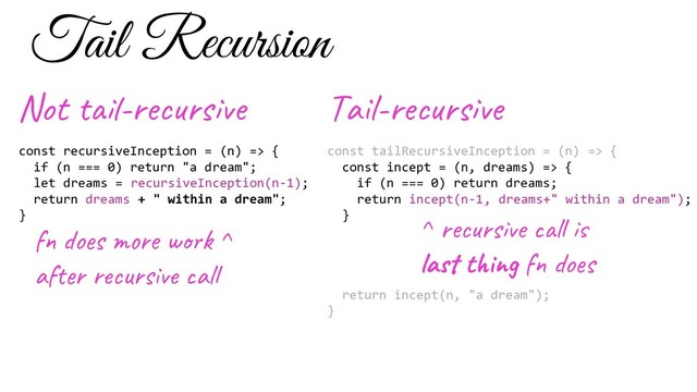 const recursiveInception = (n) => {
if (n === 0) return "a dream";
let dreams = recursiveInception(n-1);
return dreams + " within a dream";
}
f o s e w ^
af r u s al
Not -re s e
const tailRecursiveInception = (n) => {
const incept = (n, dreams) => {
if (n === 0) return dreams;
return incept(n-1, dreams+" within a dream");
}
return incept(n, "a dream");
}
Ta l-re s e
^ re s e l
la t g f o s
Tail Recursion
