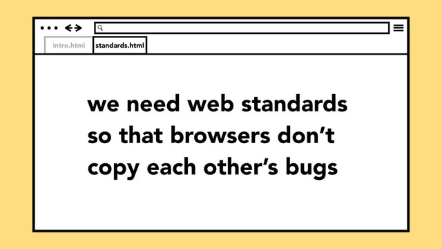 intro.html
we need web standards
so that browsers don’t
copy each other’s bugs
standards.html
