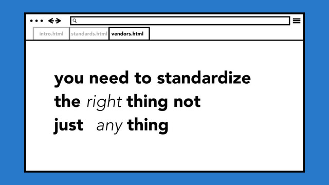 intro.html standards.html vendors.html
you need to standardize
the right thing not
just any thing
