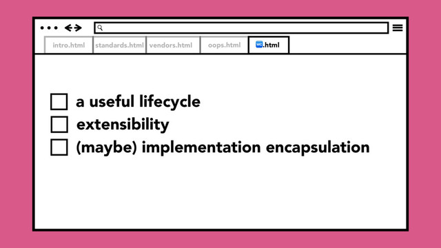 intro.html standards.html vendors.html oops.html .html
a useful lifecycle
extensibility
(maybe) implementation encapsulation
