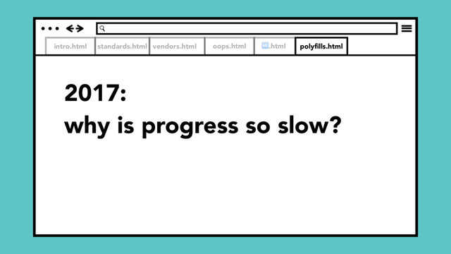 intro.html standards.html vendors.html
2017:
why is progress so slow?
oops.html .html polyﬁlls.html
