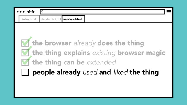 intro.html standards.html vendors.html
the browser already does the thing
the thing explains existing browser magic
the thing can be extended
people already used and liked the thing
