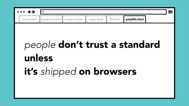 intro.html standards.html vendors.html oops.html .html polyﬁlls.html
people don’t trust a standard
unless
it’s shipped on browsers
