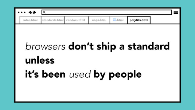 intro.html standards.html vendors.html oops.html .html polyﬁlls.html
browsers don’t ship a standard
unless
it’s been used by people
