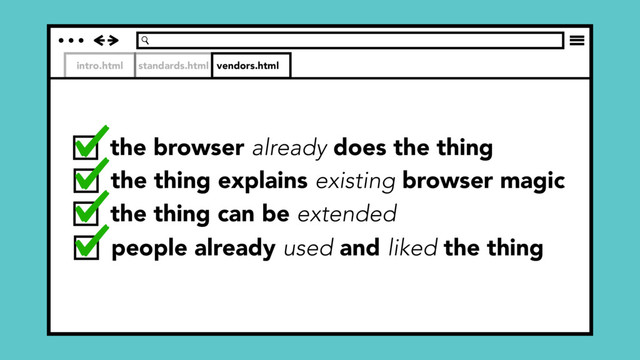 intro.html standards.html vendors.html
the browser already does the thing
the thing explains existing browser magic
the thing can be extended
people already used and liked the thing
