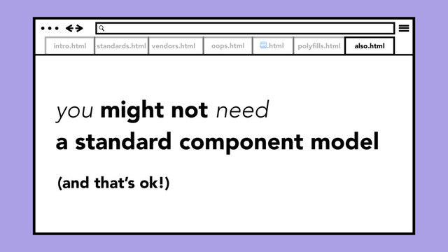intro.html standards.html vendors.html oops.html .html polyﬁlls.html also.html
you might not need
a standard component model
(and that’s ok!)

