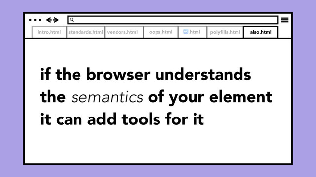 intro.html standards.html vendors.html
if the browser understands
the semantics of your element
it can add tools for it
oops.html .html polyﬁlls.html also.html
