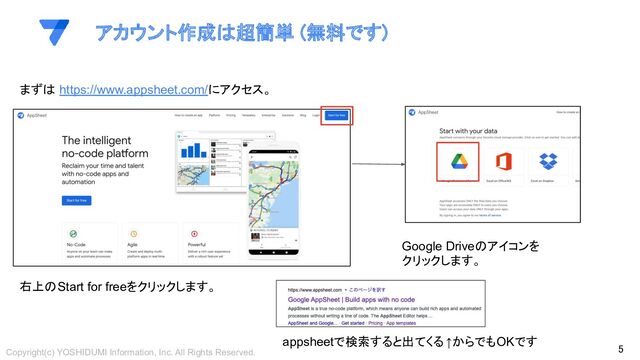 5 
アカウント作成は超簡単 (無料です) 
Copyright(c) YOSHIDUMI Information, Inc. All Rights Reserved.
まずは https://www.appsheet.com/にアクセス。
右上のStart for freeをクリックします。
Google Driveのアイコンを
クリックします。
appsheetで検索すると出てくる ↑からでもOKです
