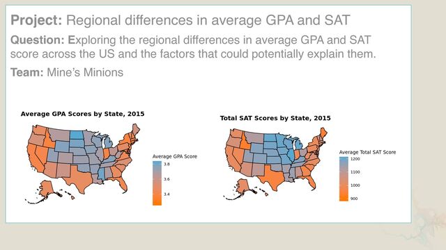 Project: Regional differences in average GPA and SAT
Question: Exploring the regional differences in average GPA and SAT
score across the US and the factors that could potentially explain them.
Team: Mine’s Minions
