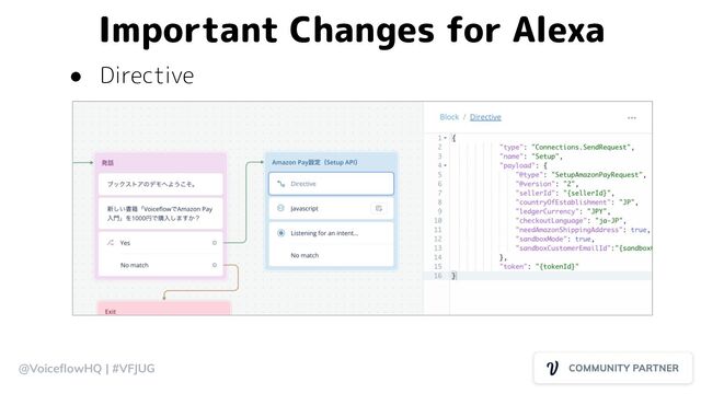 @VoiceﬂowHQ | #VFJUG
Important Changes for Alexa
● Directive

