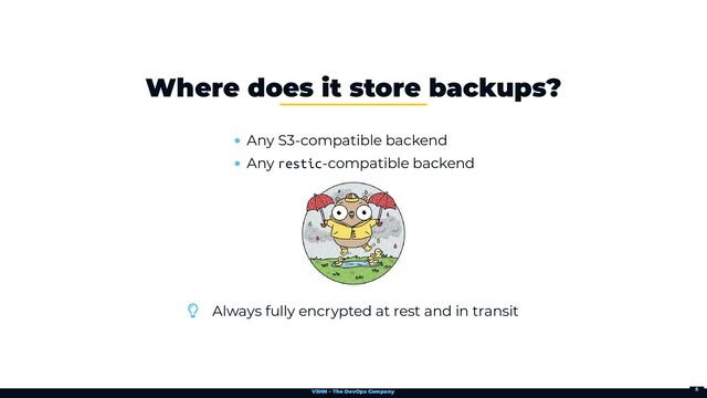 VSHN – The DevOps Company
Any S3-compatible backend
Any restic-compatible backend
 Always fully encrypted at rest and in transit
Where does it store backups?
5
