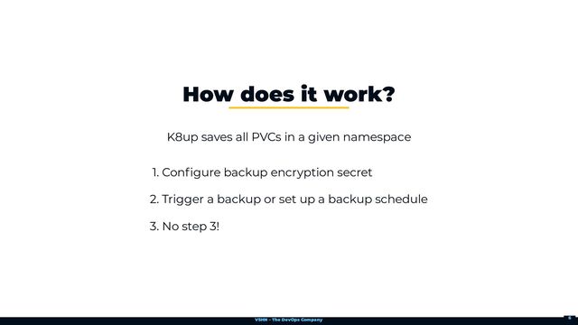 VSHN – The DevOps Company
K8up saves all PVCs in a given namespace
1. Configure backup encryption secret
2. Trigger a backup or set up a backup schedule
3. No step 3!
How does it work?
6
