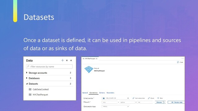 Datasets
Once a dataset is defined, it can be used in pipelines and sources
of data or as sinks of data.
