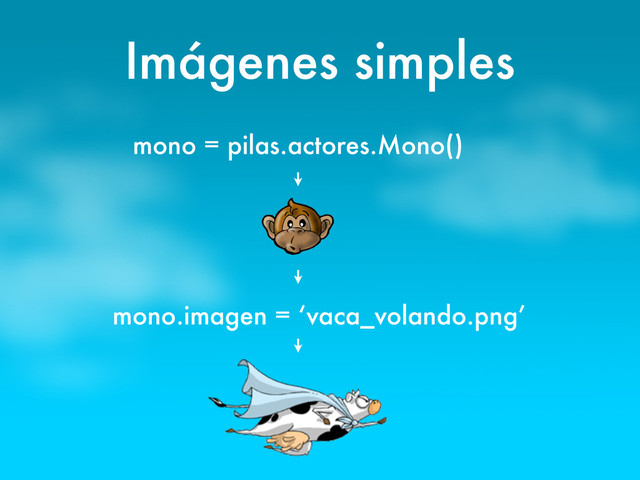Imágenes simples
mono = pilas.actores.Mono()
mono.imagen = ‘vaca_volando.png’

