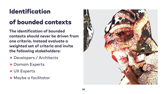 32
Identi ication
of bounded contexts
The identi ication of bounded
contexts should never be driven from
one criteria. Instead evaluate a
weighted set of criteria and invite
the following stakeholders:
•Developers / Architects
•Domain Experts
•UX Experts
•Maybe a facilitator
