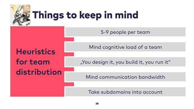 Heuristics
for team
distribution
38
Things to keep in mind
5-9 people per team
Mind cognitive load of a team
„You design it, you build it, you run it“
Mind communication bandwidth
Take subdomains into account
