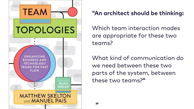 39
“An architect should be thinking:
Which team interaction modes
are appropriate for these two
teams?
What kind of communication do
we need between these two
parts of the system, between
these two teams?“
