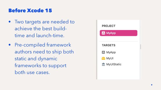 Before Xcode 15
• Two targets are needed to
achieve the best build-
time and launch-time.
• Pre-compiled framework
authors need to ship both
static and dynamic
frameworks to support
both use cases.
9
