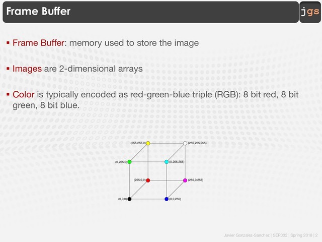 Javier Gonzalez-Sanchez | SER332 | Spring 2018 | 2
jgs
Frame Buffer
§ Frame Buffer: memory used to store the image
§ Images are 2-dimensional arrays
§ Color is typically encoded as red-green-blue triple (RGB): 8 bit red, 8 bit
green, 8 bit blue.
