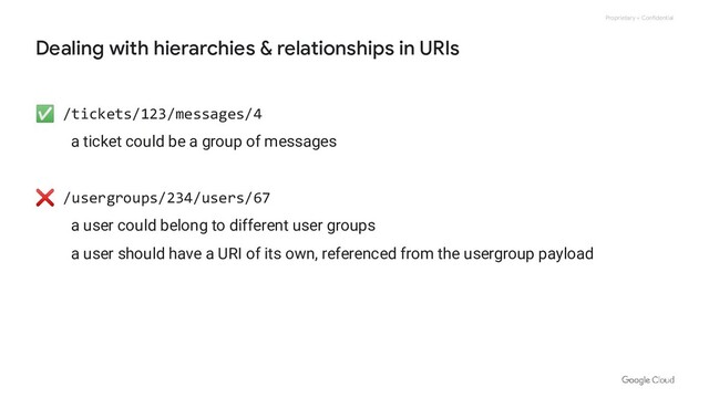 Proprietary + Confidential
Dealing with hierarchies & relationships in URIs
✅ /tickets/123/messages/4
a ticket could be a group of messages
❌ /usergroups/234/users/67
a user could belong to different user groups
a user should have a URI of its own, referenced from the usergroup payload
