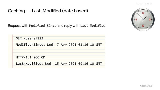 Proprietary + Confidential
Request with Modified-Since and reply with Last-Modified
GET /users/123
Modified-Since: Wed, 7 Apr 2021 01:16:10 GMT
HTTP/1.1 200 OK
Last-Modified: Wed, 15 Apr 2021 09:16:10 GMT
Caching → Last-Modified (date based)
