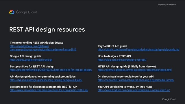 Proprietary + Confidential
REST API design resources
The never ending REST API design debate
https://speakerdeck.com/glaforge/
the-never-ending-rest-api-design-debate-devoxx-france-2016
Google API design guide
https://cloud.google.com/apis/design
Best practices for REST API design
https://stackoverﬂow.blog/2020/03/02/best-practices-for-rest-api-design/
API design guidance: long-running background jobs
https://tyk.io/api-design-guidance-long-running-background-jobs/
Best practices for designing a pragmatic RESTful API
https://www.vinaysahni.com/best-practices-for-a-pragmatic-restful-api
PayPal REST API guide
https://github.com/paypal/api-standards/blob/master/api-style-guide.md
How to design a REST API
https://blog.octo.com/en/design-a-rest-api/
HTTP API design guide (initially from Heroku)
https://geemus.gitbooks.io/http-api-design/content/en/index.html
On choosing a hypermedia type for your API
https://sookocheff.com/post/api/on-choosing-a-hypermedia-format/
Your API versioning is wrong, by Troy Hunt
https://www.troyhunt.com/your-api-versioning-is-wrong-which-is/

