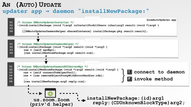 updater app → daemon "installNewPackage:"
AN (AUTO)UPDATE
/* @class ZMAutoUpdaterInstaller */
 
-(void)installPackage:(void *)arg2 isInstallForAllUsers:(char)arg3 result:(void *)arg4 {
 
...
 
[[ZMAutoUpdaterDaemonHelper sharedInstance] installPackage:pkg result:result];
01


02


03


04


/* @class ZMAutoUpdaterDaemonHelper */
 
-(void)installPackage:(void *)arg2 result:(void *)arg3 {
 
rax = [self xpcMgr];
 
[rax installNewZoomPackage:arg2 result:rcx];
01


02


03


04


/* @class ZMAutoUpdaterDaemonXPCServerMgr */
 
-(void)installNewZoomPackage:(void *)arg2 result:(void *)arg3 {
 
rax = [self connectToHelperTool];
 
rax = [rax remoteObjectProxyWithErrorHandler:rdx];
 
...
 
[rax installNewPackage:arg2 reply:rcx];
01


02


03


04


05


06


us.zoom.Zoom
 
(priv'd helper)
installNewPackage:(id)arg1
 
reply:(CDUnknownBlockType)arg2;


} connect to daemon
invoke method
ZoomAutoUpdater.app
