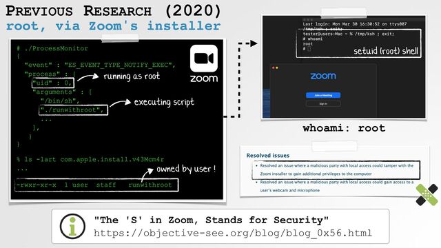 PREVIOUS RESEARCH (2020)
root, via Zoom's installer
# ./ProcessMonitor
 
{


"event" : "ES_EVENT_TYPE_NOTIFY_EXEC",


"process" : {


"uid" : 0,


"arguments" : [


"/bin/sh",


"./runwithroot",


...


],


}
 
}
 
 
% ls -lart com.apple.install.v43Mcm4r


...
 
-rwxr-xr-x 1 user staff runwithroot
running as root
executing script
owned by user !
setuid (root) shell
whoami: root
"The 'S' in Zoom, Stands for Security"
 
https://objective-see.org/blog/blog_0x56.html
