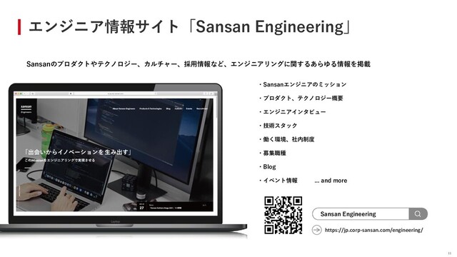 エンジニア情報サイト「Sansan Engineering」
11
・Sansanエンジニアのミッション
・プロダクト、テクノロジー概要
・エンジニアインタビュー
・技術スタック
・働く環境、社内制度
・募集職種
・Blog
・イベント情報 ... and more
Sansan Engineering
Sansanのプロダクトやテクノロジー、カルチャー、採用情報など、エンジニアリングに関するあらゆる情報を掲載
https://jp.corp-sansan.com/engineering/
