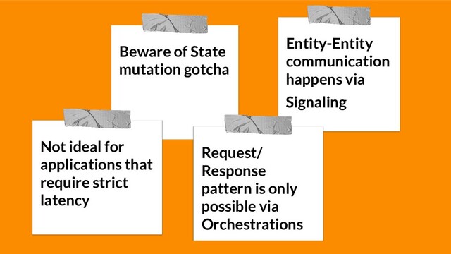 Entity-Entity
communication
happens via
Signaling
Beware of State
mutation gotcha
Not ideal for
applications that
require strict
latency
Request/
Response
pattern is only
possible via
Orchestrations
