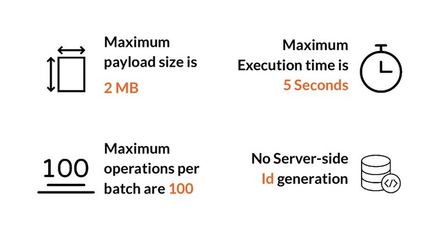 Maximum
operations per
batch are 100
Maximum
payload size is
2 MB
Maximum
Execution time is
5 Seconds
No Server-side
Id generation
