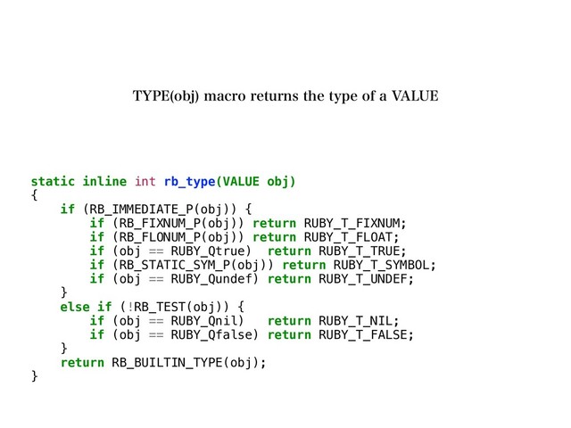static inline int rb_type(VALUE obj)
{
if (RB_IMMEDIATE_P(obj)) {
if (RB_FIXNUM_P(obj)) return RUBY_T_FIXNUM;
if (RB_FLONUM_P(obj)) return RUBY_T_FLOAT;
if (obj == RUBY_Qtrue) return RUBY_T_TRUE;
if (RB_STATIC_SYM_P(obj)) return RUBY_T_SYMBOL;
if (obj == RUBY_Qundef) return RUBY_T_UNDEF;
}
else if (!RB_TEST(obj)) {
if (obj == RUBY_Qnil) return RUBY_T_NIL;
if (obj == RUBY_Qfalse) return RUBY_T_FALSE;
}
return RB_BUILTIN_TYPE(obj);
}
5:1& PCK
NBDSPSFUVSOTUIFUZQFPGB7"-6&

