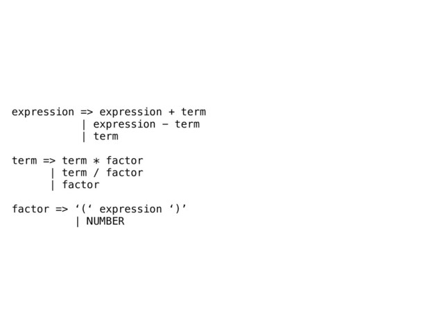 expression => expression + term
| expression - term
| term
term => term * factor
| term / factor
| factor 
factor => ‘(‘ expression ‘)’ 
| NUMBER
