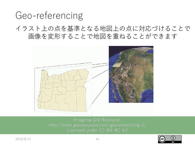 Geo-referencing
2018/8/11 44
イラスト上の点を基準となる地図上の点に対応づけることで
画像を変形することで地図を重ねることができます
Image by GIS Resource,
http://www.gisresources.com/georeferencing-2/
Licensed under CC-BY-NC 4.0
