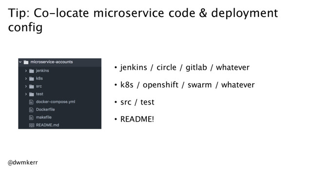 Tip: Co-locate microservice code & deployment
config
• jenkins / circle / gitlab / whatever
• k8s / openshift / swarm / whatever
• src / test
• README!
@dwmkerr
