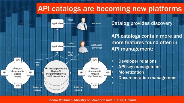 Jarkko Moilanen, Ministry of Education and Culture, Finland
API catalogs are becoming new platforms
Catalog provides discovery
API catalogs contain more and
more features found often in
API management:
• Developer relations
• API key management
• Monetization
• Documentation management
• …
