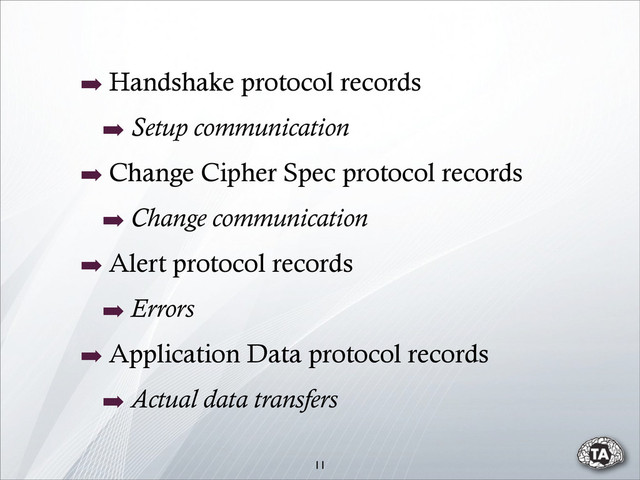 ➡ Handshake protocol records
➡ Setup communication
➡ Change Cipher Spec protocol records
➡ Change communication
➡ Alert protocol records
➡ Errors
➡ Application Data protocol records
➡ Actual data transfers
11
