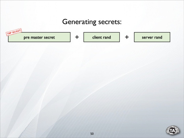 50
pre master secret server rand
client rand
Generating secrets:
+ +
