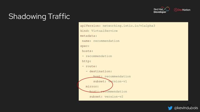 @kevindubois
Shadowing Traffic
apiVersion: networking.istio.io/v1alpha3
kind: VirtualService
metadata:
name: recommendation
spec:
hosts:
- recommendation
http:
- route:
- destination:
host: recommendation
subset: version-v1
mirror:
host: recommendation
subset: version-v2
52
