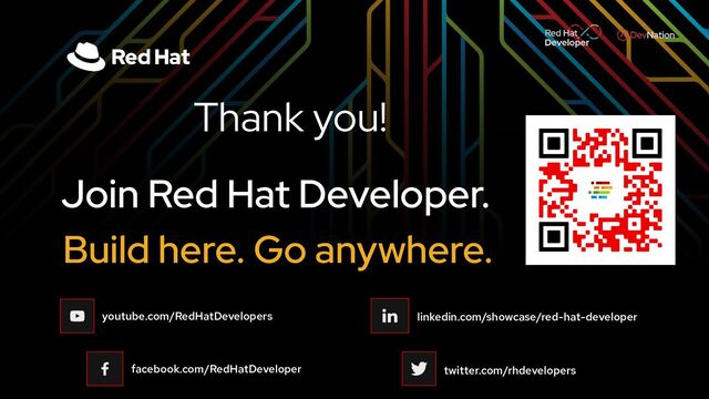 @kevindubois
Join Red Hat Developer.
Build here. Go anywhere.
facebook.com/RedHatDeveloper
youtube.com/RedHatDevelopers
twitter.com/rhdevelopers
linkedin.com/showcase/red-hat-developer
Thank you!
