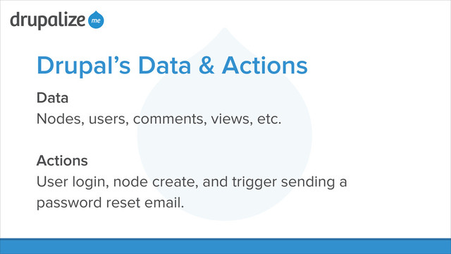 Drupal’s Data & Actions
Data
Nodes, users, comments, views, etc.
!
Actions
User login, node create, and trigger sending a
password reset email.
