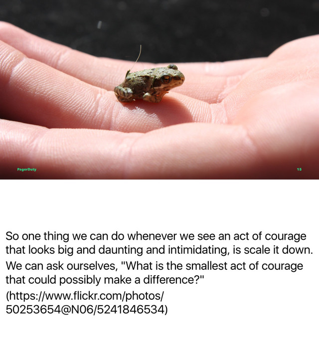 So one thing we can do whenever we see an act of courage
that looks big and daunting and intimidating, is scale it down.
We can ask ourselves, "What is the smallest act of courage
that could possibly make a difference?"
(https://www.flickr.com/photos/
50253654@N06/5241846534)
PagerDuty 15
