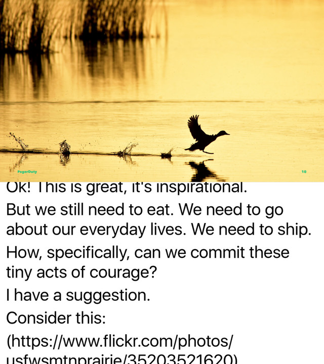 Ok! This is great, it's inspirational.
But we still need to eat. We need to go
about our everyday lives. We need to ship.
How, specifically, can we commit these
tiny acts of courage?
I have a suggestion.
Consider this:
(https://www.flickr.com/photos/
PagerDuty 10
