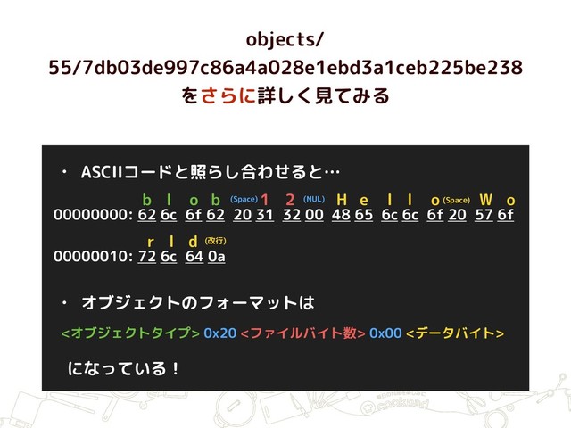 objects/
55/7db03de997c86a4a028e1ebd3a1ceb225be238
をさらに詳しく見てみる
00000000: 62 6c 6f 62 20 31 32 00 48 65 6c 6c 6f 20 57 6f
00000010: 72 6c 64 0a
b b
l o (Space) 1 2 (NUL) H e l l o W o
r l d (改行)
(Space)
• ASCIIコードと照らし合わせると…
<オブジェクトタイプ> 0x20 <ファイルバイト数> 0x00 <データバイト>
• オブジェクトのフォーマットは
になっている！
