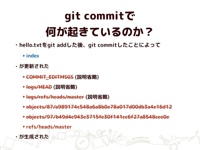 git commitで
何が起きているのか？
• hello.txtをgit addした後、git commitしたことによって
‣index
• が更新された
‣COMMIT_EDITMSGS (説明省略)
‣logs/HEAD (説明省略)
‣logs/refs/heads/master (説明省略)
‣objects/87/a989174c548a6a8b0e78a017d00db3a4e16d12
‣objects/97/b49d4c943e3715fe30f141cc6f27a8548cee0e
‣refs/heads/master
• が生成された
