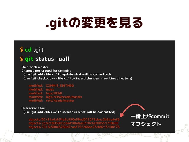 .gitの変更を見る
$ cd .git
$ git status -uall
On branch master
Changes not staged for commit:
(use "git add <ﬁle>..." to update what will be committed)
(use "git checkout -- <ﬁle>..." to discard changes in working directory)
modiﬁed: COMMIT_EDITMSG
modiﬁed: index
modiﬁed: logs/HEAD
modiﬁed: logs/refs/heads/master
modiﬁed: refs/heads/master
Untracked ﬁles:
(use "git add <ﬁle>..." to include in what will be committed)
objects/07/41a4a634a5c550e59ed013275ebea2b5bedef6
objects/2d/ccf803893c8e418bdaa03f0c4af005517f8e88
objects/70/2e500c6260d7caaf75f266ac27eb8215108f76
一番上がcommit
オブジェクト
