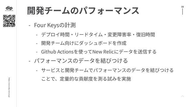 https://www.dip-net.co.jp/
33
開発チームのパフォーマンス
- Four Keysの計測
- デプロイ時間‧リードタイム‧変更障害率‧復旧時間
- 開発チーム向けにダッシュボードを作成
- Github Actionsを使ってNew Relicにデータを送信する
- パフォーマンスのデータを結びつける
- サービスと開発チームでパフォーマンスのデータを結びつける
ことで、定量的な貢献度を測る試みを実施
