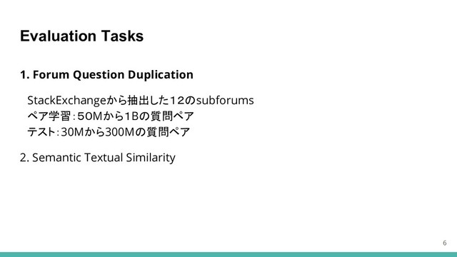 Evaluation Tasks
1. Forum Question Duplication
　StackExchangeから抽出した１２のsubforums
　ペア学習：５０Mから１Bの質問ペア
　テスト：30Mから300Mの質問ペア
2. Semantic Textual Similarity
6
