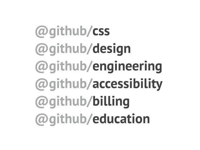 @github/css
@github/design
@github/engineering
@github/accessibility
@github/billing
@github/education
