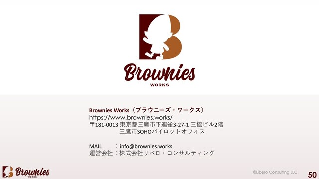 50
Brownies Works（ブラウニーズ・ワークス）
https://www.brownies.works/
〒181-0013 東京都三鷹市下連雀3-27-1 三協ビル2階
三鷹市SOHOパイロットオフィス
MAIL ：info@brownies.works
運営会社：株式会社リベロ・コンサルティング
©Libero Consulting LLC.
